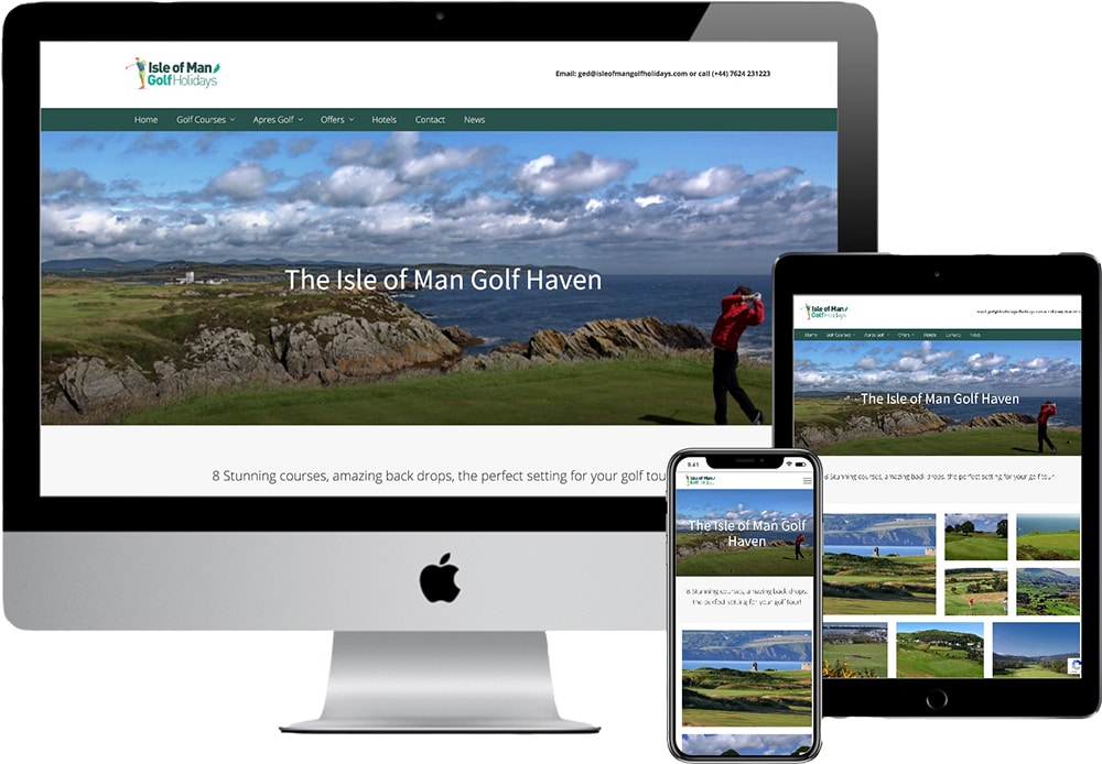 Isle of Man Golfing Holidays website mockup showing the website on an iMac, iPad and iPhone