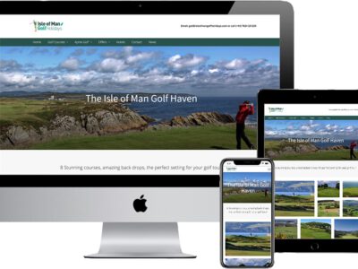 Screenshot of how the Isle of Man Golfing Holidays website looks on iMac, iPad and iPhone.