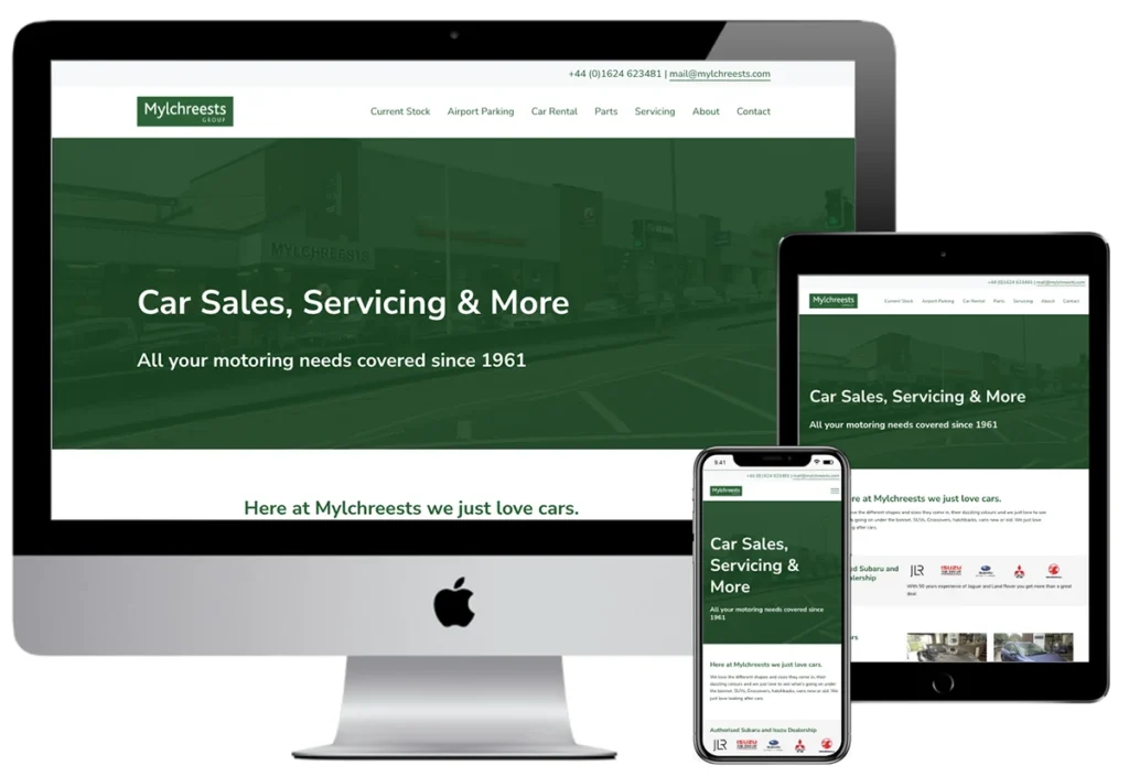 Mockup of how the Mylchreests website looks on iMac, iPad and iPhone.